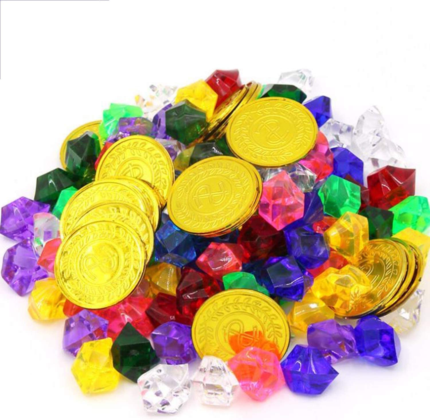 50pcs Pirate Coins + 100pcs Pirate Gems, Pirate Treasure Toy Multicolored Gold Coins and Pirate Gems Set for Kids Pirate Party Favors