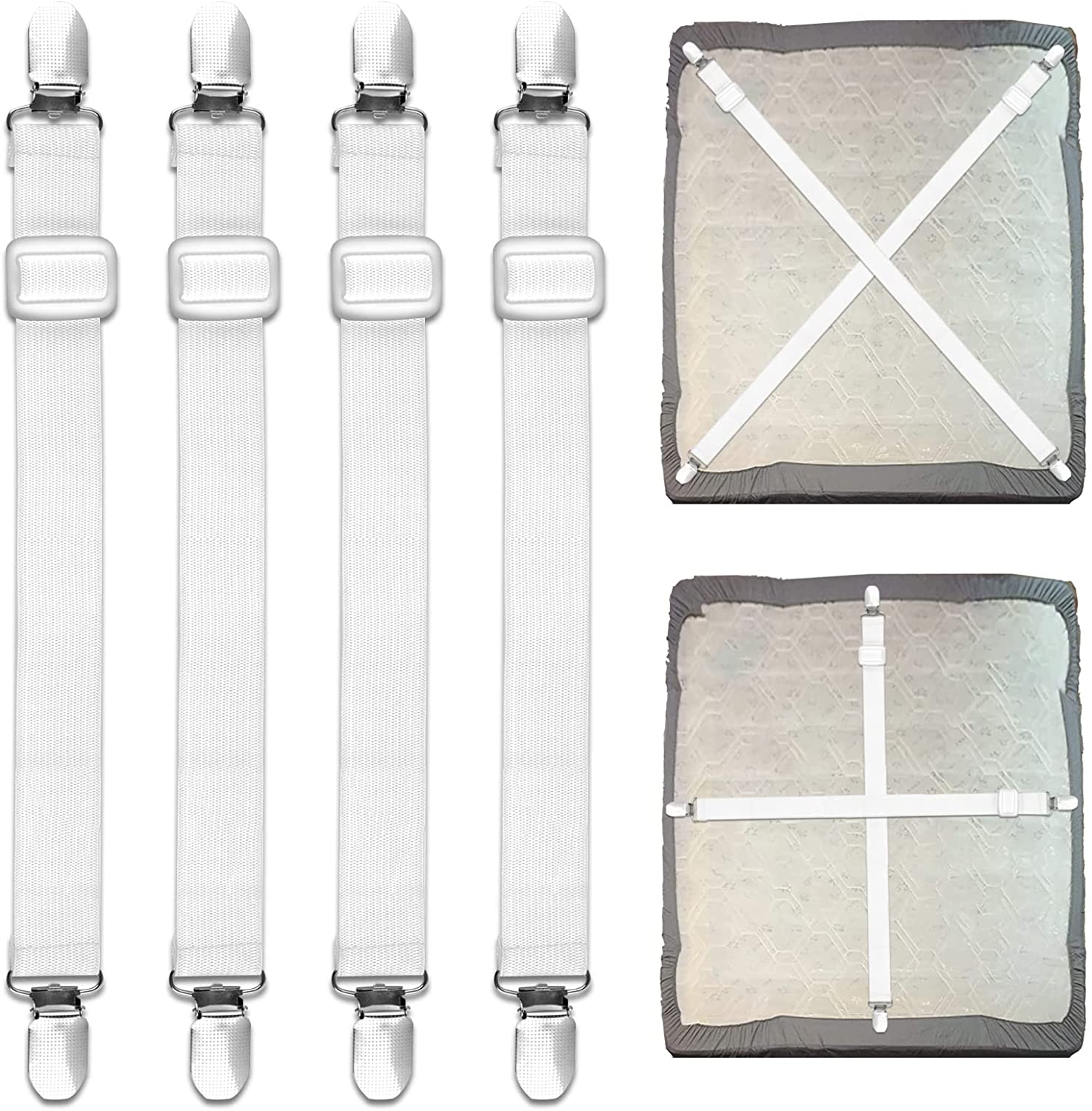 Bed Sheet Clips, 55 cm-250 cm Adjustable Bed Sheet Straps, Upgraded Elastic Sheet Fasterners for Bedding, Fitted Bed Sheet Grippers to Keep Your Sheets in Place,4Pcs